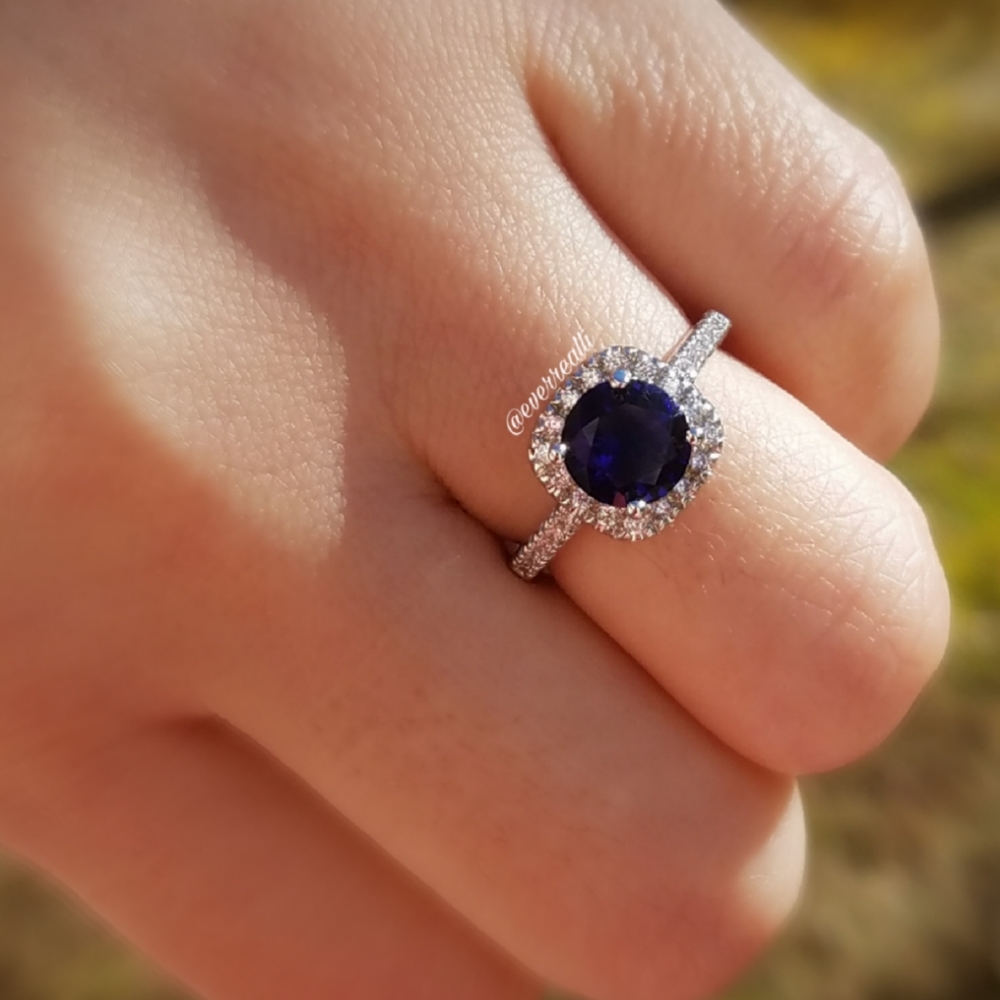 NEW Round Dark Blue Sapphire & Diamond Halo Ring - Picture 2 of 7